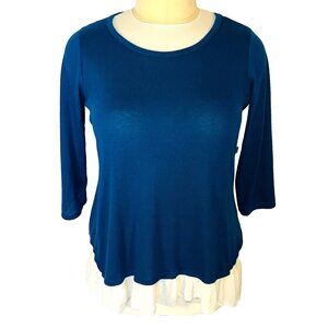 Avenue Tunic Top Womens 14/16 Teal Knit with White Trim Hem 3/4 Sleeve